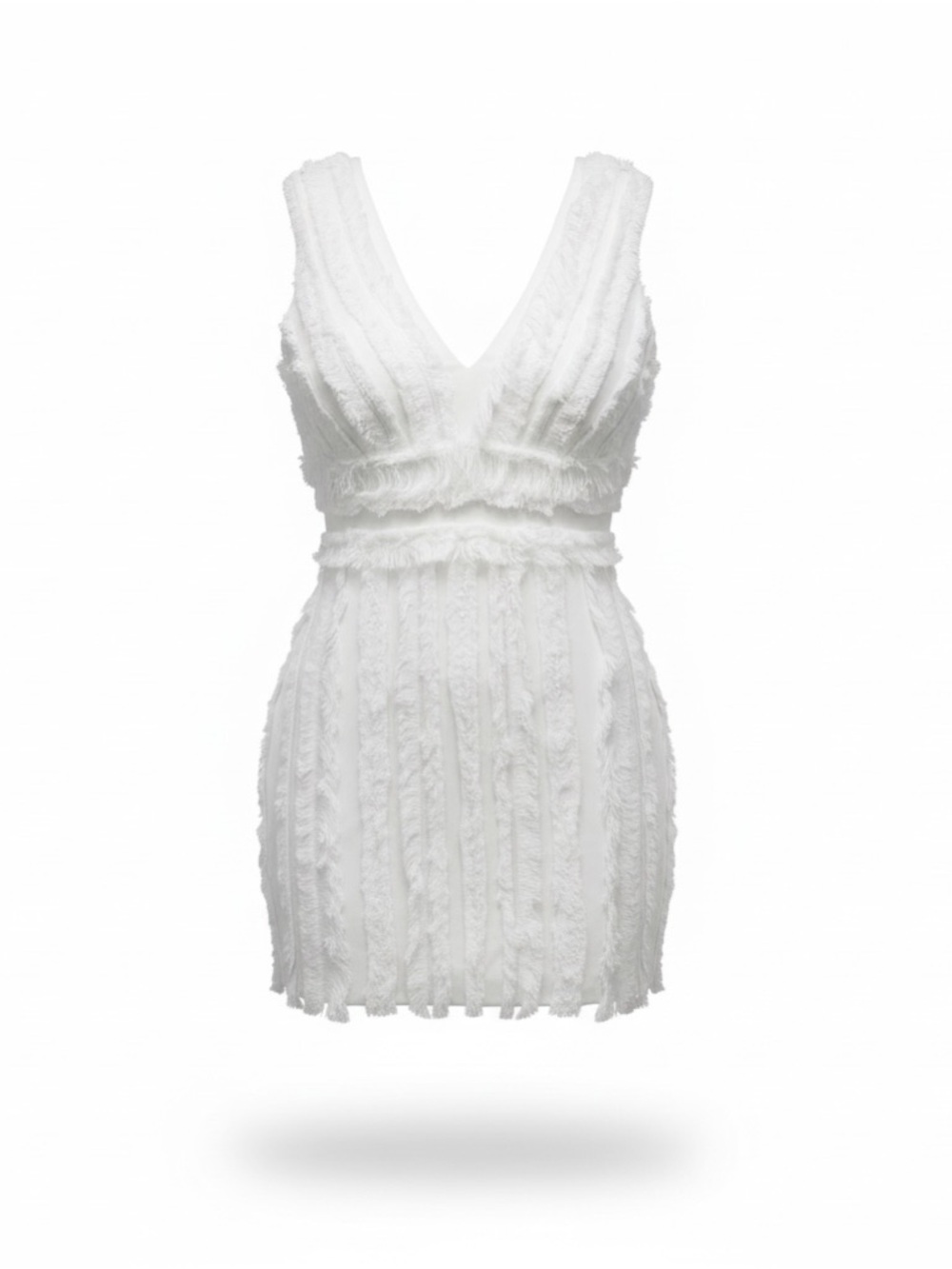 Balmain White Textured Fringe V-Neck Mini Dress